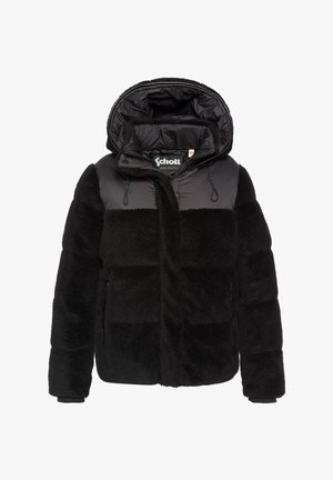 Czarna kurtka puchowa z futrzastym wykończeniem, kontrastującym gładkim panelem z przodu, głębokim kapturem i zamykanymi na zamek bocznymi kieszeniami.