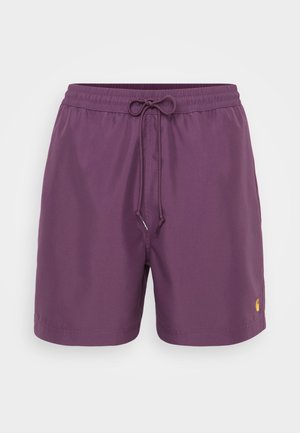 Paarse zwemshorts gemaakt van lichte stof, met een elastische tailleband en een trekkoord, en een klein logo accent aan de zijkant.