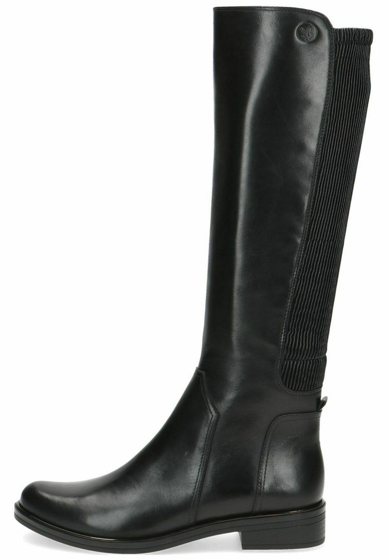 Botas de cuero negras hasta la rodilla con un acabado suave y paneles elásticos acanalados. Tacón bajo apilado, punta redonda y detalle de logotipo sutil.