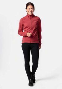 Sarkans rāvējslēdzēja džemperis ar augstu apkakli, izgatavots no gluds, elastīgs auduma. Kombinēts ar melnām pieguļošām biksēm un melniem apaviem. Vienkāršs, moderns dizains.