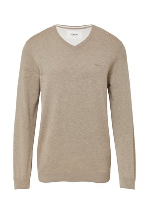 Pull à manches longues beige avec un col en V, des poignets et un ourlet côtelés, et un petit logo sur la poitrine gauche. Matériau doux et léger.