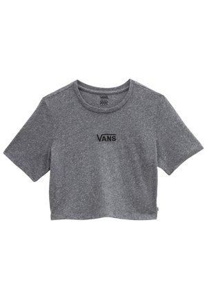 Szary krótki T-shirt z okrągłym dekoltem i czarnym logo Vans na środku klatki piersiowej.