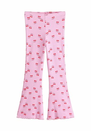 Ružové rebrované legíny s potlačou čerešní. Majú zvonové nohavice a vlnkovaný okraj. Elastický materiál pre pohodlie.