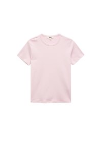 T-shirt rosa chiaro a maniche corte realizzata in morbido cotone, caratterizzata da un colletto tondo e una vestibilità standard, priva di motivi o dettagli.
