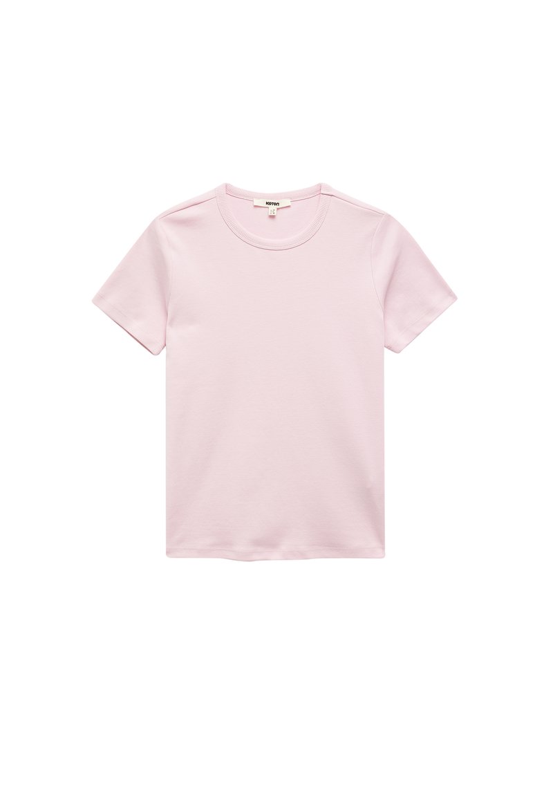 T-shirt rosa chiaro a maniche corte realizzata in morbido cotone, caratterizzata da un colletto tondo e una vestibilità standard, priva di motivi o dettagli.