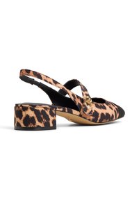 Leopard print slingback shoe with a black cap toe and a block heel. Features a decorative gold-tone hardware detail.