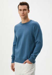Blauer Rundhalsausschnitt-Pullover mit strukturierter Oberfläche, gerippten Bündchen und unterem Saum. Kombiniert mit beigen Hosen, präsentiert an einem männlichen Model.