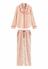 Set de pijama roz cu un model floral, cu un top cu mâneci lungi și închidere cu nasturi și pantaloni cu șnur, accentuat cu detalii roșii. Material moale și texturat.