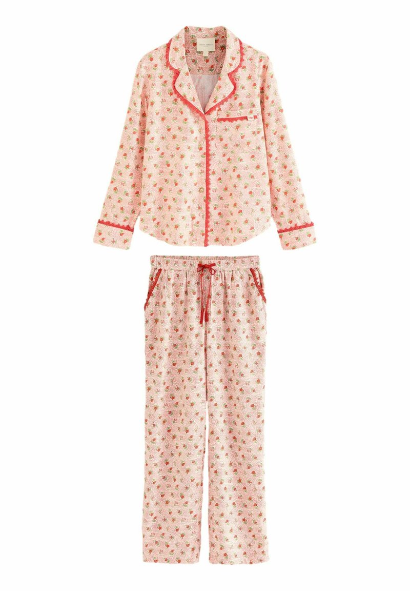 Set de pijama roz cu un model floral, cu un top cu mâneci lungi și închidere cu nasturi și pantaloni cu șnur, accentuat cu detalii roșii. Material moale și texturat.