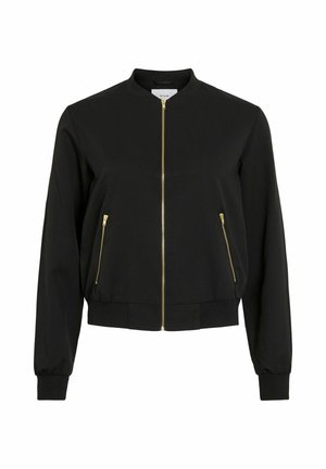 Black bomber jacket with gold front and pocket zippers, ribbed cuffs, collar, and hem, labeled VILA.