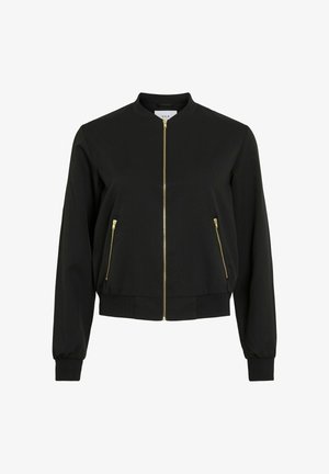 Juodas bomber stiliaus švarkas su auksinėmis priekinėmis ir kišeninėmis užtrauktukais, nertomis rankovėmis, apykakle ir apačia, pažymėtas VILA.