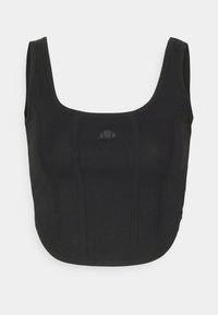 Crop top nero realizzato in tessuto elastico, con scollatura quadrata, spalline larghe e dettagli delle cuciture sottili con logo in rilievo.