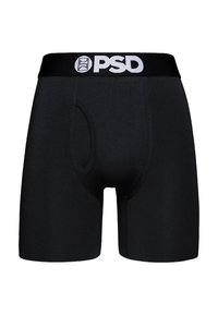Melnas vīriešu bokseršorti ar formētu kabatiņu, ar mīkstu elastīgu jostu, uz kuras ir balts "PSD" logotips, izgatavoti no elastīgas auduma.