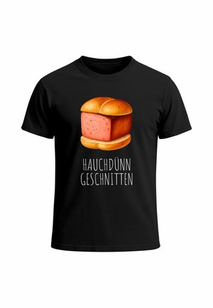 Black T-shirt featuring a graphic of a sandwich with pink filling and a golden-brown top bun, accompanied by the text "HAUCHDÜNN GESCHNITTEN."