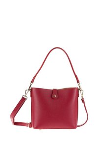 Red pebbled leather handbag with a structured square shape, adjustable shoulder strap, gold hardware, and a top snap closure.