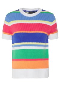 Kortärmad stickad tröja med horisontella ränder i vitt, blått, grönt, rosa, orange och gult, samt en vit ribbad krage och manschetter.
