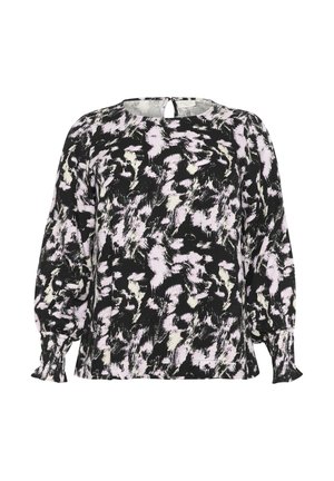 Sort og hvid langærmet bluse med pink og creme abstrakt mønster, rund halsudskæring og samlet manchetter. Nøgnehulsdetalje på ryggen.