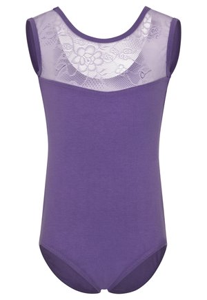 Lila bodysuit mit einem floralen Spitzenrücken, Rundhalsausschnitt und kurzen Ärmeln. Glattes Material mit einer eng anliegenden Passform und einem tiefen Beinansatz.