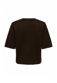 Pull marron à manches courtes avec un col rond et un ourlet côtelé, confectionné dans un tissu tricoté doux avec une coupe légèrement ample.