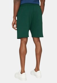 Pantalones cortos deportivos verdes hechos de un material suave. Tienen un corte holgado, bolsillos laterales y una textura suave. Llevados con zapatillas blancas.