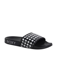 Svart-hvitt rutete strand sandal med en glatt gummistropp og formet innersåle, med "ROXY"-logo på siden.