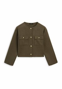 Brown cropped jacket in soft fabric features a round neckline, long sleeves, two front pockets, and decorative buttons.