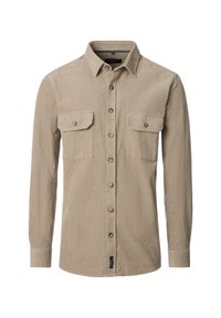 Beige corduroy overhemd met lange mouwen, knoopsluiting aan de voorkant, twee knoop-flap borstzakken en een puntige kraag.