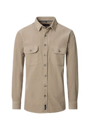 Beige corduroy overhemd met lange mouwen, knoopsluiting aan de voorkant, twee knoop-flap borstzakken en een puntige kraag.
