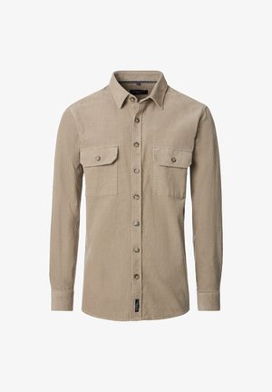 Beige corduroy overhemd met lange mouwen, knoopsluiting aan de voorkant, twee knoop-flap borstzakken en een puntige kraag.