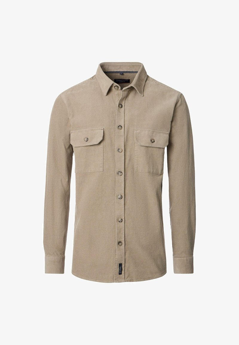 Beige Kordhemd mit langen Ärmeln, geknöpftem Frontbereich, zwei geknöpften Brusttaschen mit Klappen und einem spitzen Kragen.