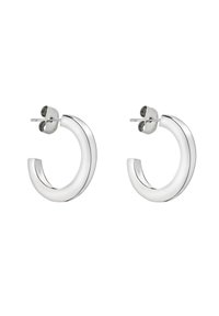 Silverfärgade hoopörhängen med en slät, glänsande finish, som har en halvcirkelformad design och stiftbakgrund för en säker fastsättning.