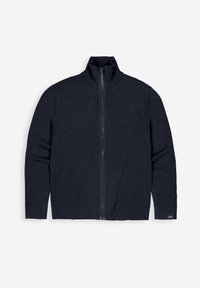 Marineblauer Strickjacke mit hohem Kragen, gerippten Bündchen und Saum, glatter Textur und minimalistischem Design. Verfügt über dezente Seitenpaneel-Akzente.