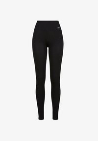 Leggings negros con una cintura alta, tejido elástico, textura suave y un diseño ajustado, aptos para uso casual o deportivo.