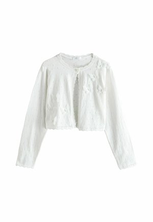 Weißer, gestrickter Cardigan mit langen Ärmeln, gewelltem Saum, Knopfverschluss und floralen Verzierungen an der Vorderseite. Strukturiertes Muster über das gesamte Kleidungsstück.