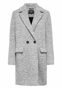 Šedý texturovaný vlněný kabát s dvojitým zapínáním, s klopami, dvěma černými knoflíky a předními kapsami s klopou, velikost střední.