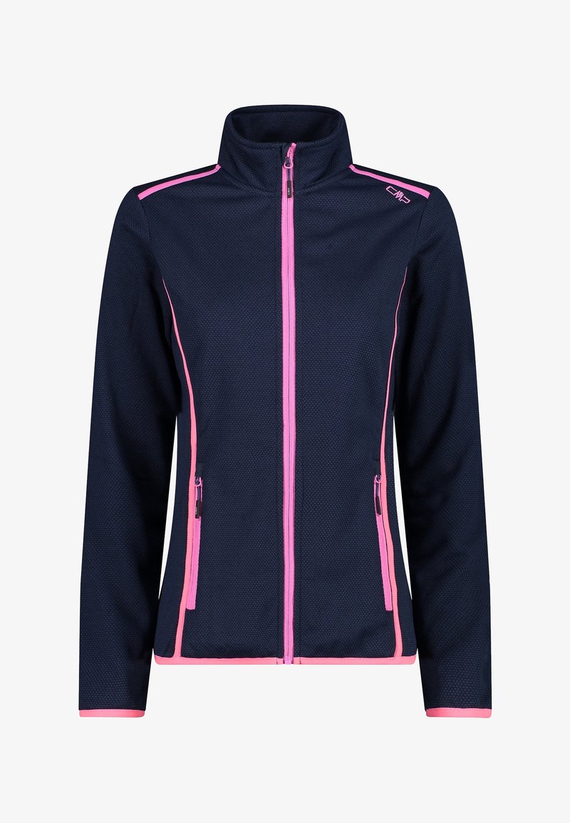 Veste zippée pour femme bleu marine avec bordure rose, col montant et poches latérales zippées, avec logo CMP sur l’épaule.