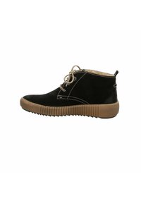 Stivaletti in suede neri con punta rotonda, suola in gomma marrone, cuciture a contrasto e stringhe davanti. Presenta un morbido rivestimento interno.