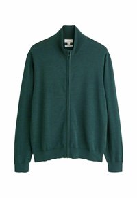 Tumši zaļš jaka ar rāvējslēdzēju un garām piedurknēm, ar ribotām aprocēm, apkakli un apakšmalu, novietota uz baltas fona.