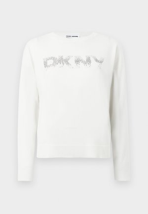 Pull blanc à manches longues avec logo "DKNY" scintillant sur la poitrine, poignets et ourlet côtelés, col rond.