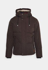 Brown puffer jacket with a hood, featuring a fleece lining, snap buttons, and drawstring accents. Textured fabric with quilted pattern.