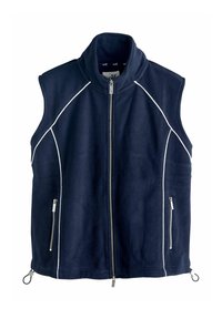 Tumeroheline varrukateta fliisvest valgete triipudega, esikinnis lukuga, kõrge kaelusega ja lukuga küljetaskutega.