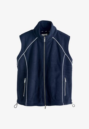 Tmavě modrá bezrukávová fleecová vesta s bílým lemem, předním zipem, vysokým límcem a zipovými bočními kapsami.