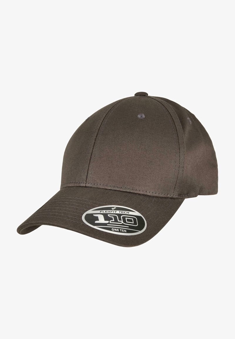 Căciulă de baseball gri închis, cu un design structurat, visieră curbată și textură din material. Are un autocolant cu logo pe partea stângă a frontalului.