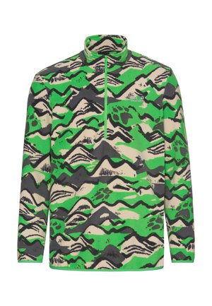 Pullover in pile verde e beige con mezza zip, con motivo montano in nero, verde e grigio. Tessuto morbido e vestibilità standard.