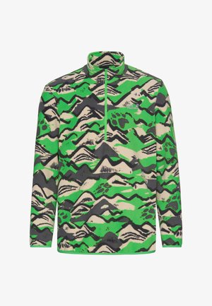 Pullover in pile verde e beige con mezza zip, con motivo montano in nero, verde e grigio. Tessuto morbido e vestibilità standard.