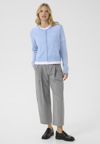 Cardigan en tricot bleu clair avec un col rond et une fermeture à boutons, associé à un pantalon à rayures grises et des chaussures noires. Texture lisse visible.