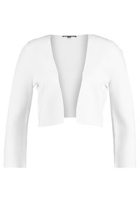 Biały krótki kardigan wykonany z prążkowanego materiału, z głębokim dekoltem w kształcie litery V i długimi rękawami. Nie ma widocznych zapięć ani ozdób.
