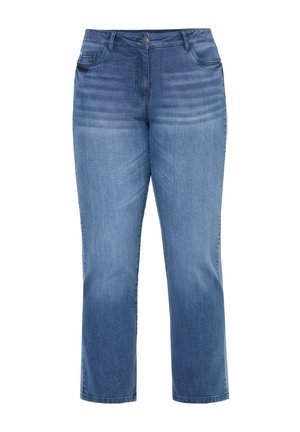 Blauwe denim jeans met rechte pijpen, voor- en achterzakken, riemlussen en een knoopsluiting in de taille.
