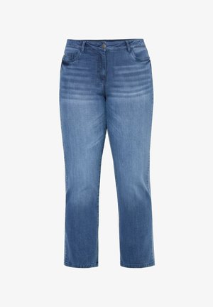 Blauwe denim jeans met rechte pijpen, voor- en achterzakken, riemlussen en een knoopsluiting in de taille.