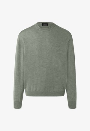 Weicher, hellgrüner Pullover mit langen Ärmeln und Rundhalsausschnitt, mit gerippten Bündchen und Saum, flach auf einem weißen Hintergrund liegend dargestellt.